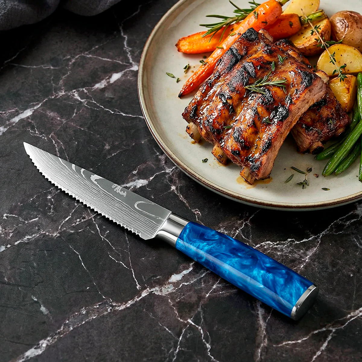 6-Piece Serrated Steak Knife Set with Blue Handles - Image 5