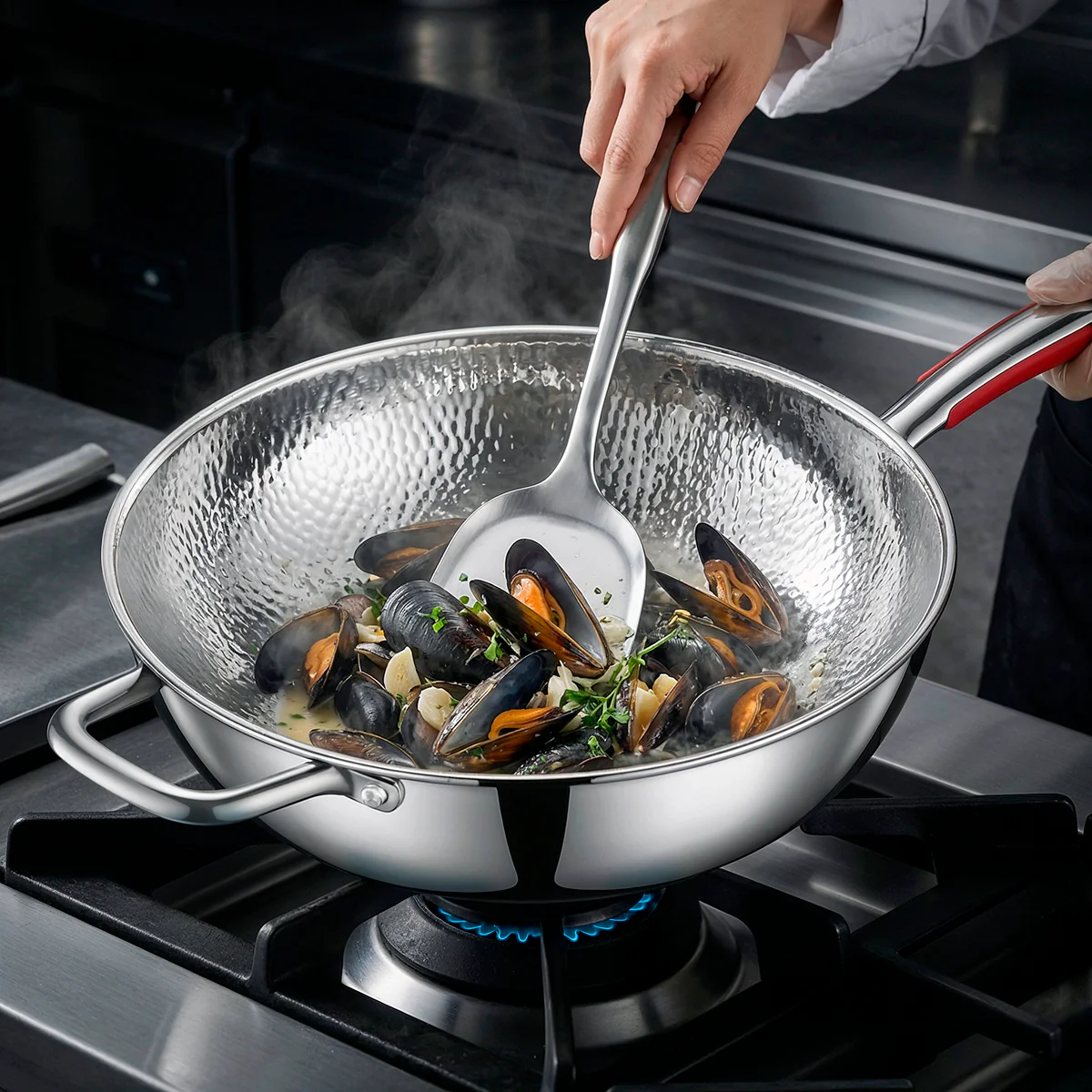 Hammered Titanium Wok Deep Frying Pan with Dual Handles - Image 8