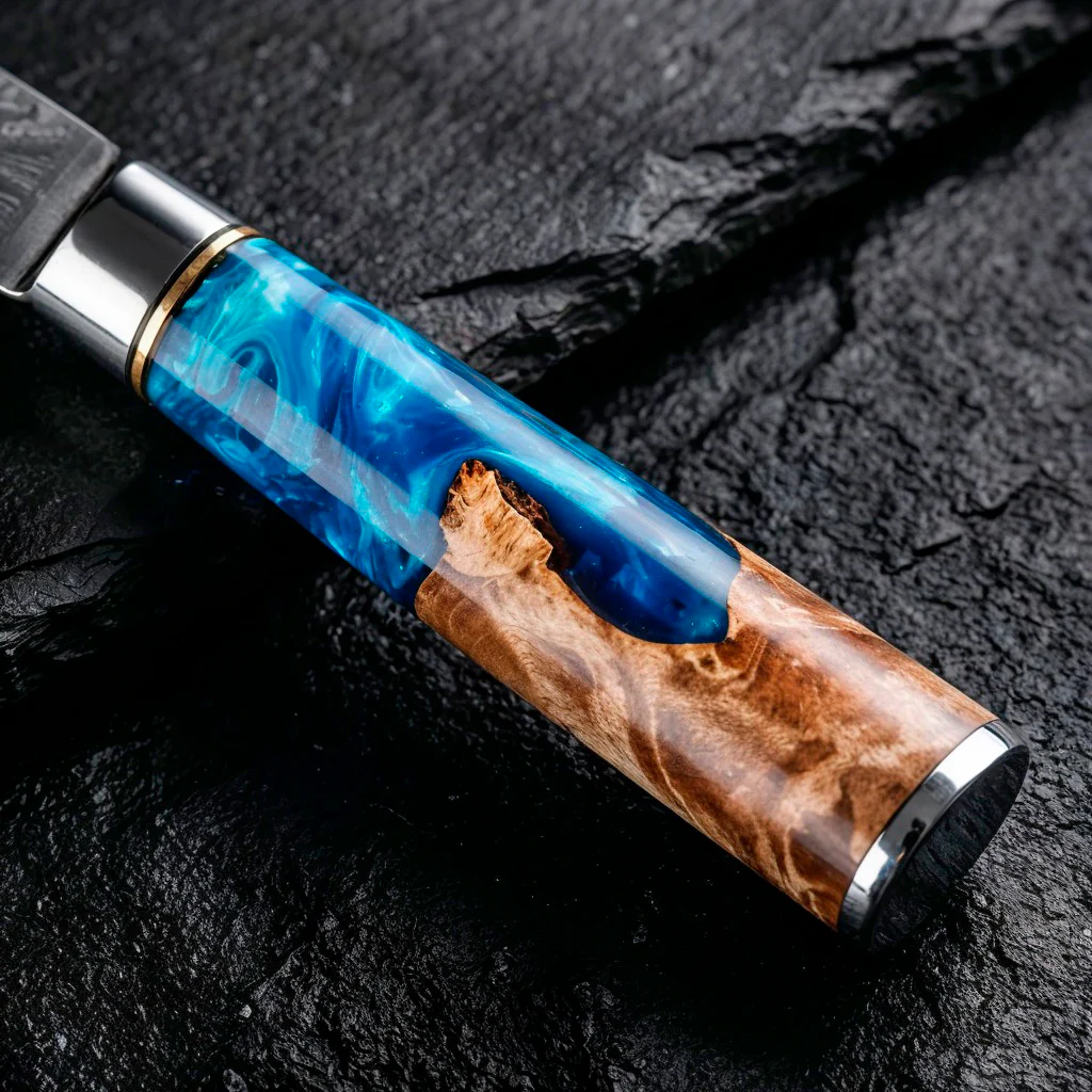 VG10 Steel Damascus Chef Knife Set with Blue Handles - Image 4