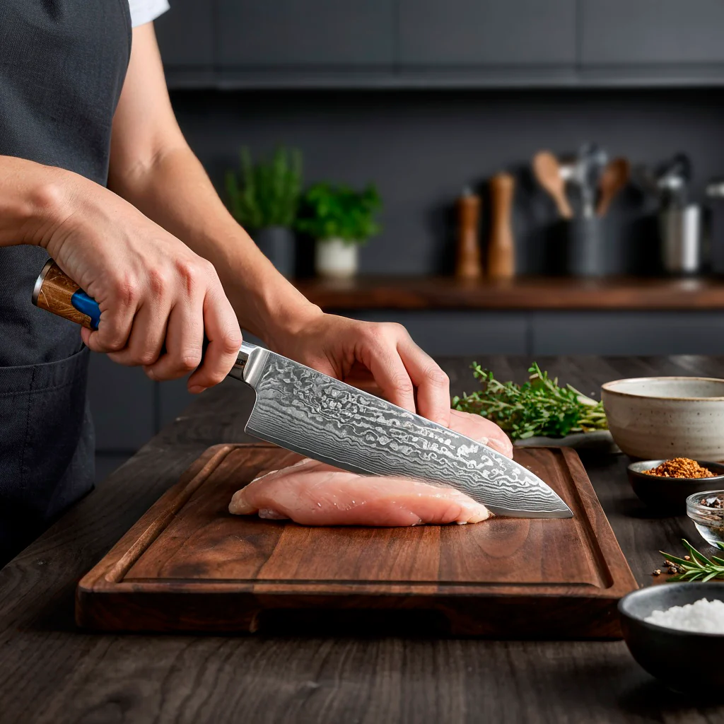 VG10 Steel Damascus Chef Knife Set with Blue Handles - Image 9